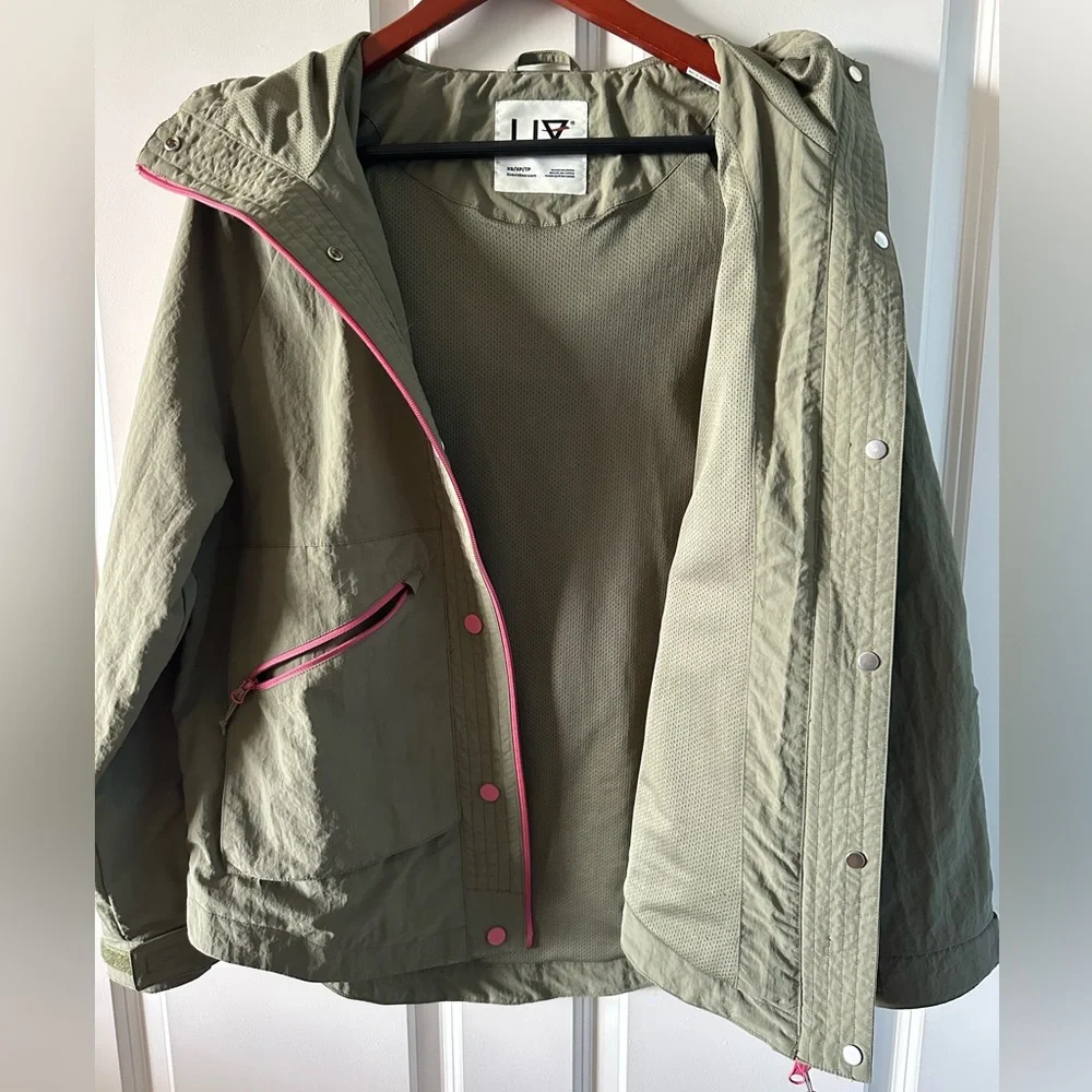LIV Outdoor Olive Green Hooded Rain Jacket Pink Trim Lightweight XS - Picture 6 of 8